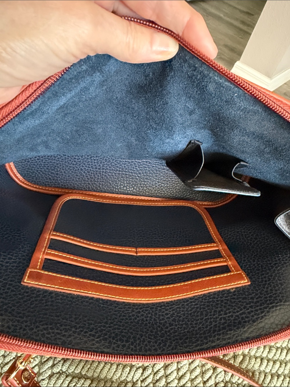 Dooney & Bourke Navy and Brown Pebbled Leather Satchel - Picture 3 of 10